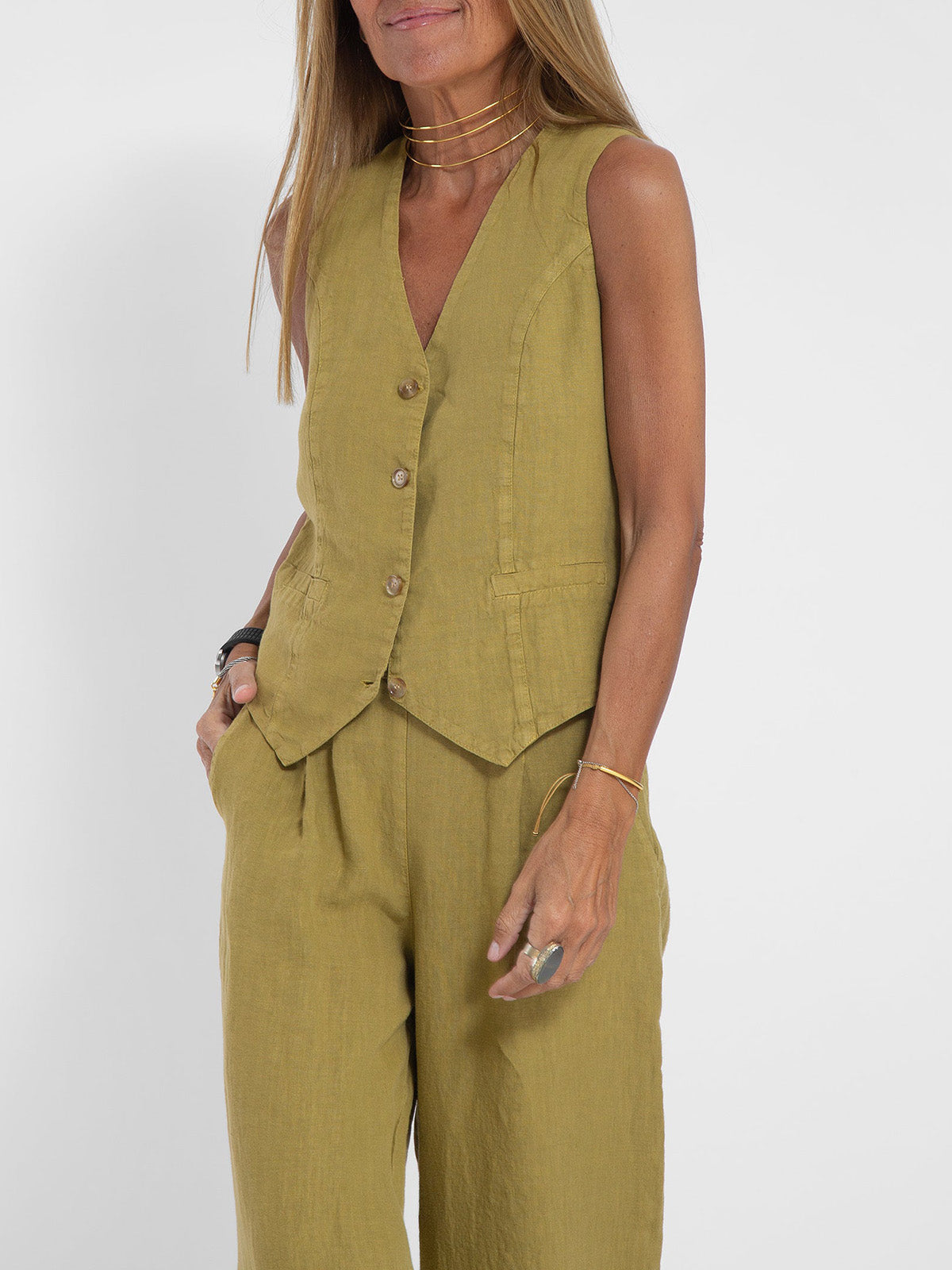 Women's Matching Set – Linen Vest & Wide Leg Pants
