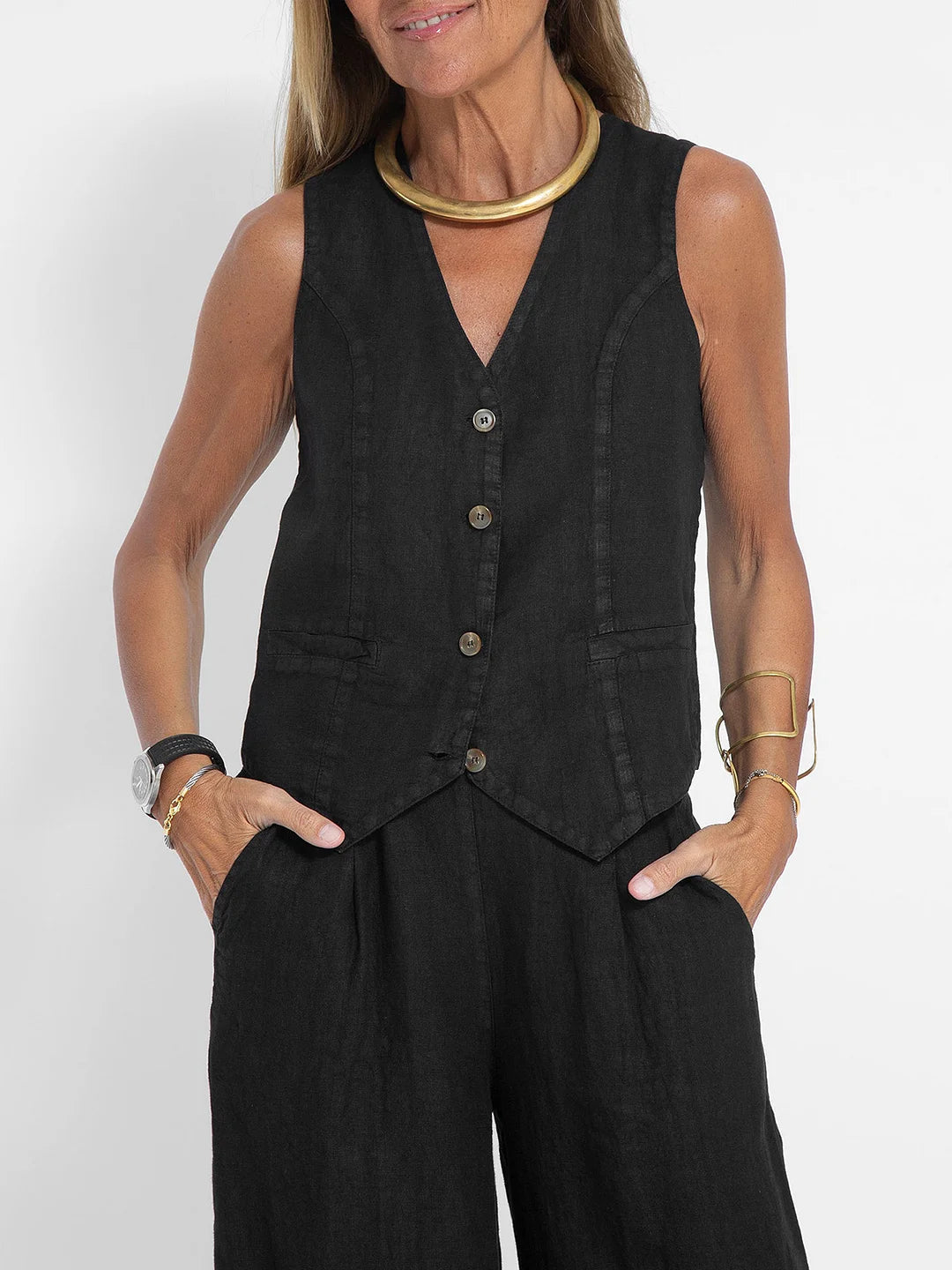 Women's Matching Set – Linen Vest & Wide Leg Pants