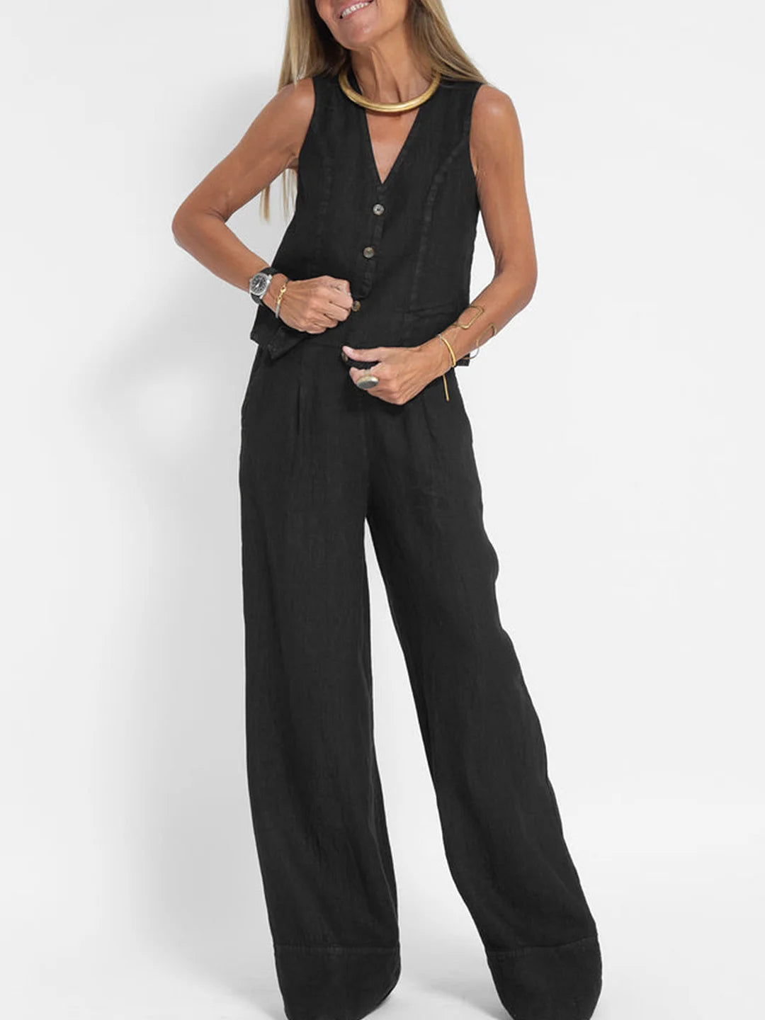 Women's Matching Set – Linen Vest & Wide Leg Pants