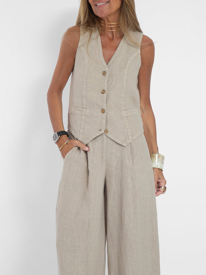 Women's Matching Set – Linen Vest & Wide Leg Pants