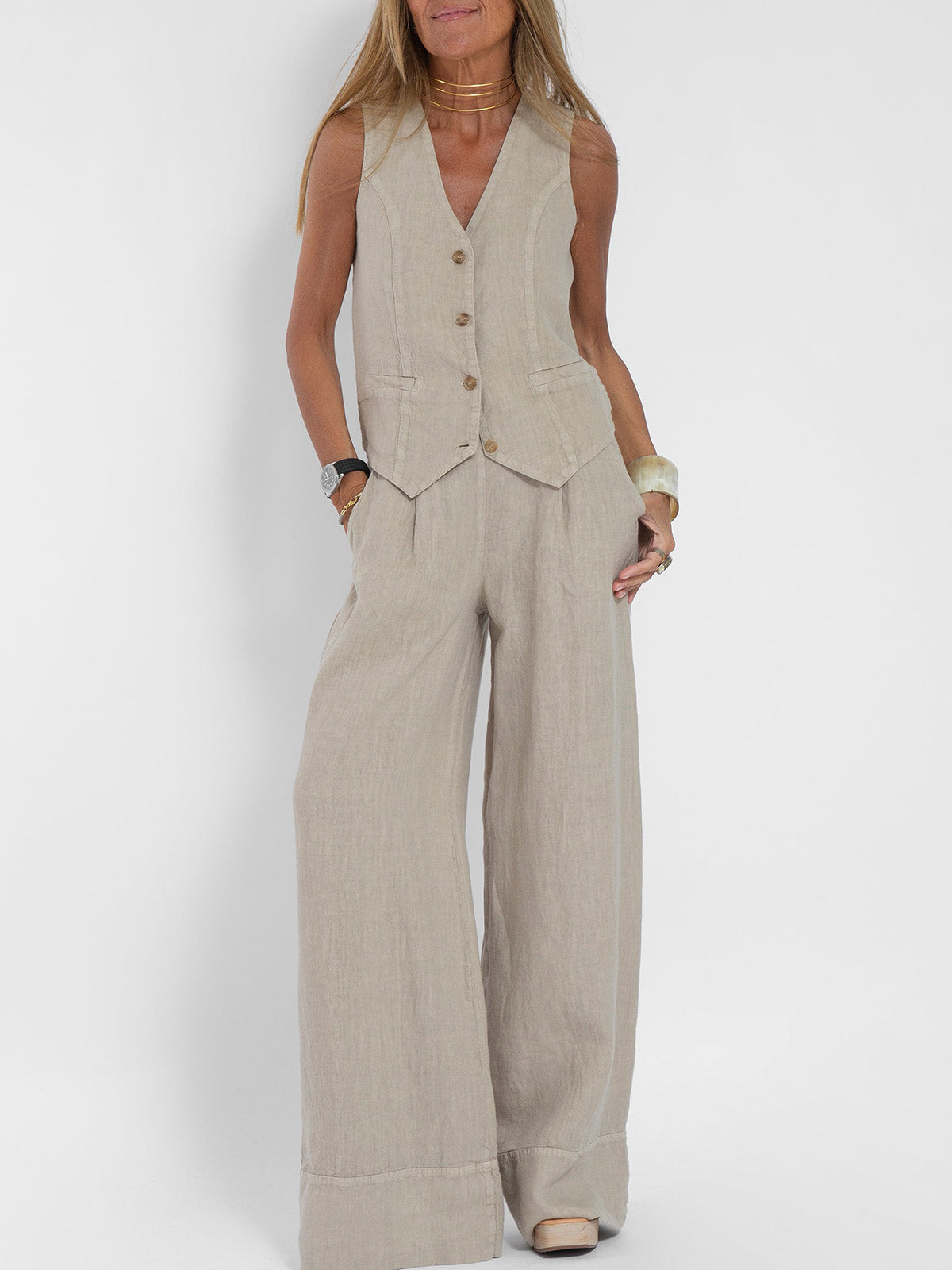 Women's Matching Set – Linen Vest & Wide Leg Pants