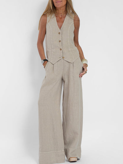 Women's Matching Set – Linen Vest & Wide Leg Pants