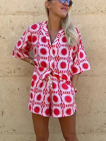Women's Matching Set – Printed Button-Up Shirt & Shorts