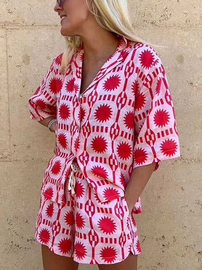 Women's Matching Set – Printed Button-Up Shirt & Shorts