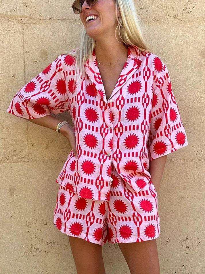 Women's Matching Set – Printed Button-Up Shirt & Shorts