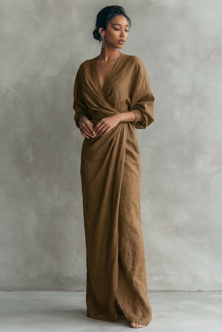 Women's Maxi Dress – Linen Blend V-Neck & Draped Waist