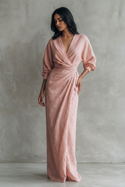 Women's Maxi Dress – Linen Blend V-Neck & Draped Waist