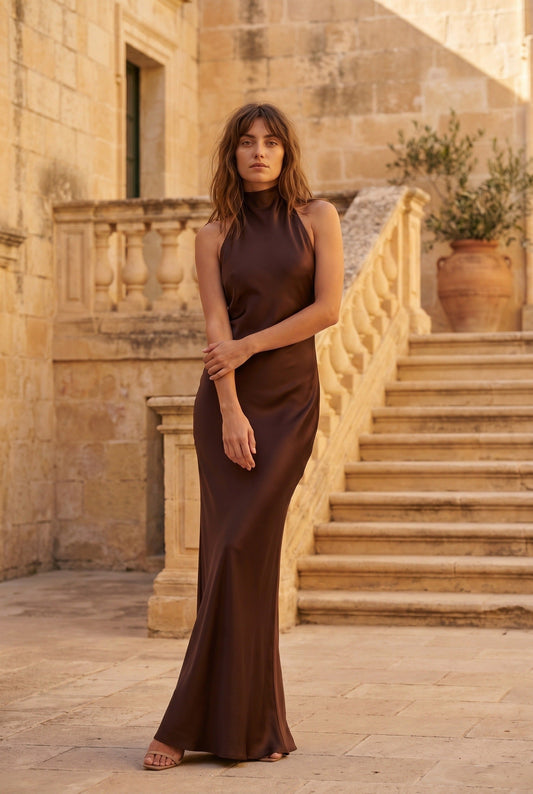 Women's Maxi Dress – Satin Halter Evening Gown