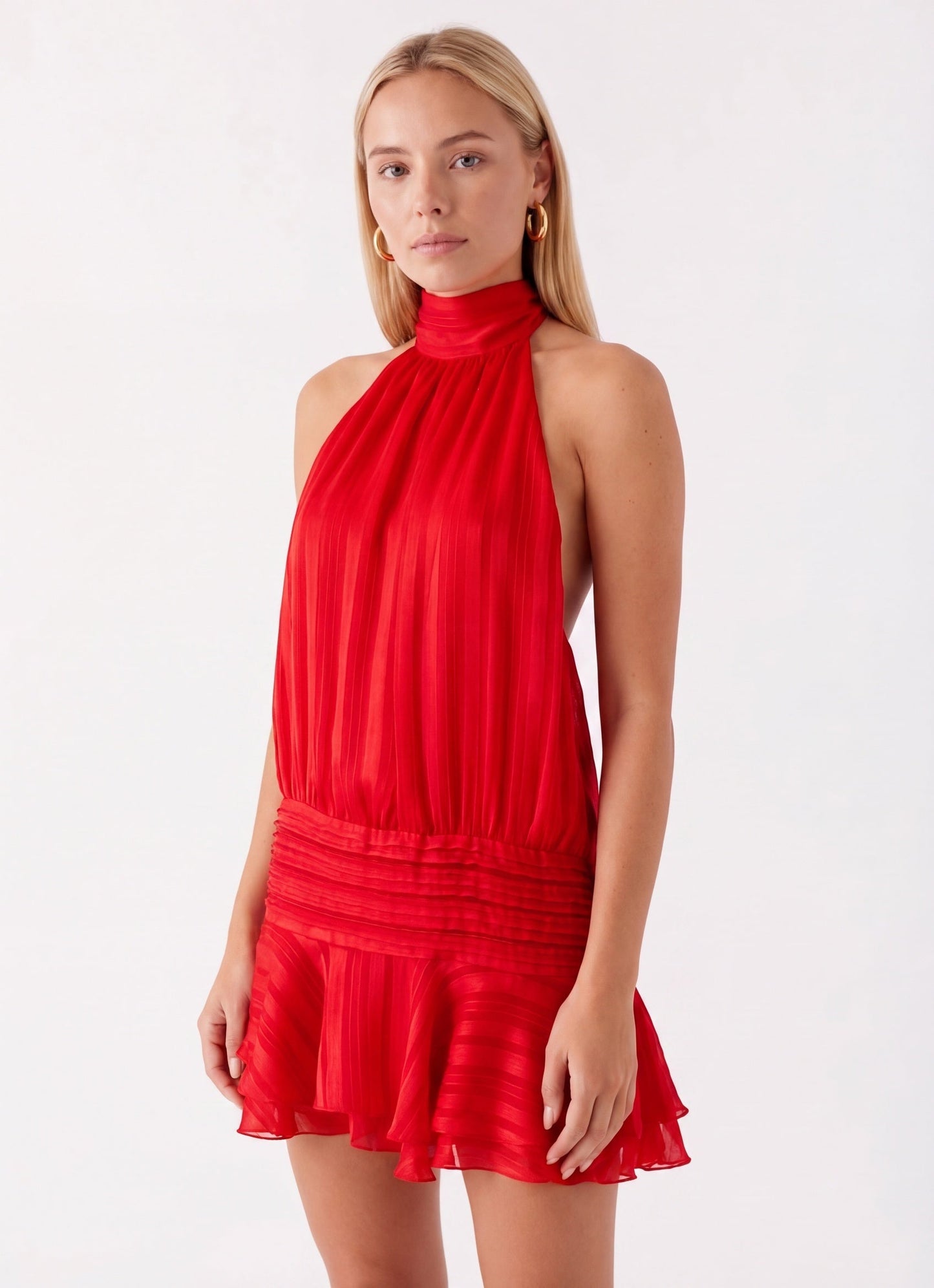 Women's Mini Dress – Halter Neck Pleated Ruffle Dress