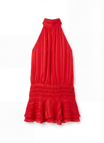 Women's Mini Dress – Halter Neck Pleated Ruffle Dress