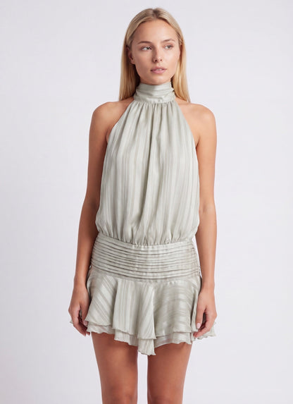 Women's Mini Dress – Halter Neck Pleated Ruffle Dress
