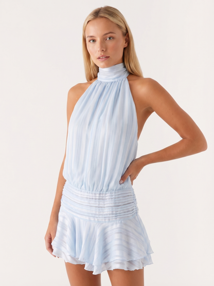 Women's Mini Dress – Halter Neck Pleated Ruffle Dress