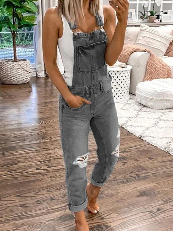 Women's Overalls – Relaxed Ripped Denim Dungarees