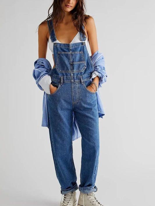 Women's Overalls – Wide-Leg Denim Bib with Buckle Straps