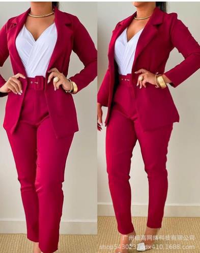 Women's Pant Suit – Belted Blazer & Slim-Fit Pants