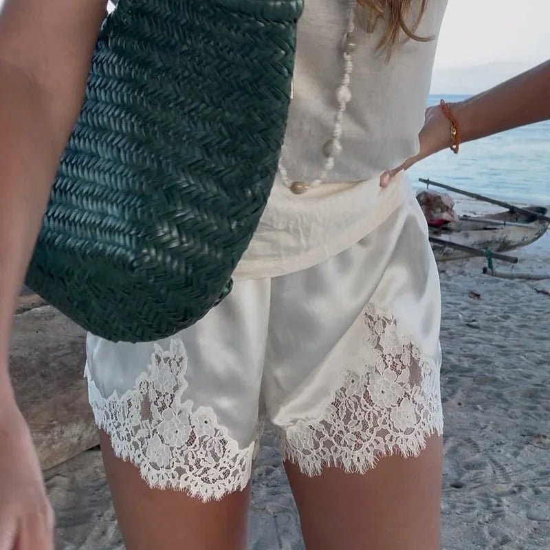Women's Shorts – High-Waisted Lace Trim Lounge Shorts