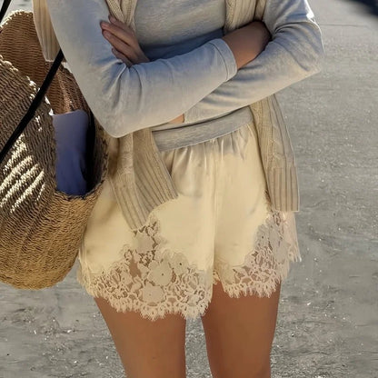 Women's Shorts – High-Waisted Lace Trim Lounge Shorts
