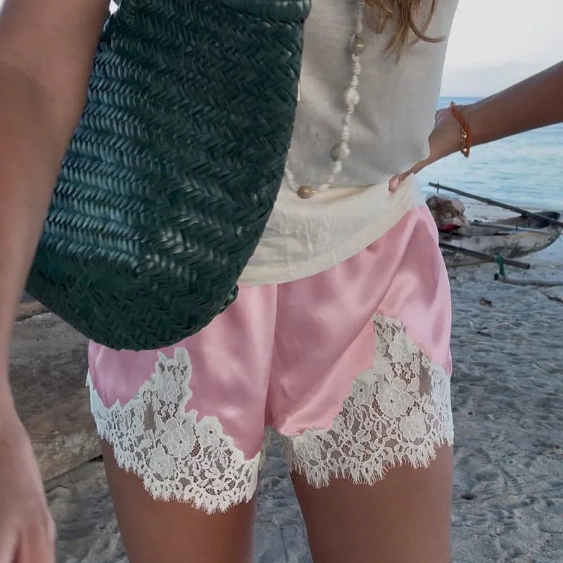 Women's Shorts – High-Waisted Lace Trim Lounge Shorts
