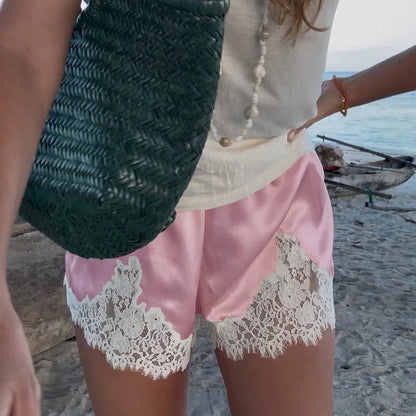 Women's Shorts – High-Waisted Lace Trim Lounge Shorts