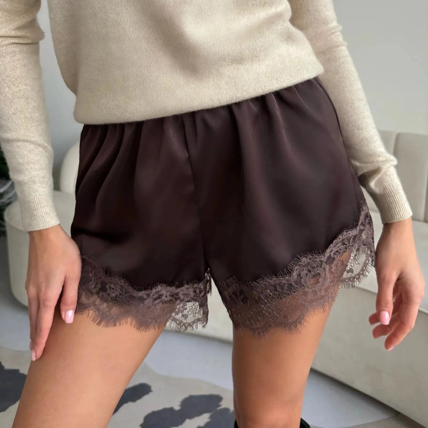 Women's Shorts – High-Waisted Lace Trim Shorts
