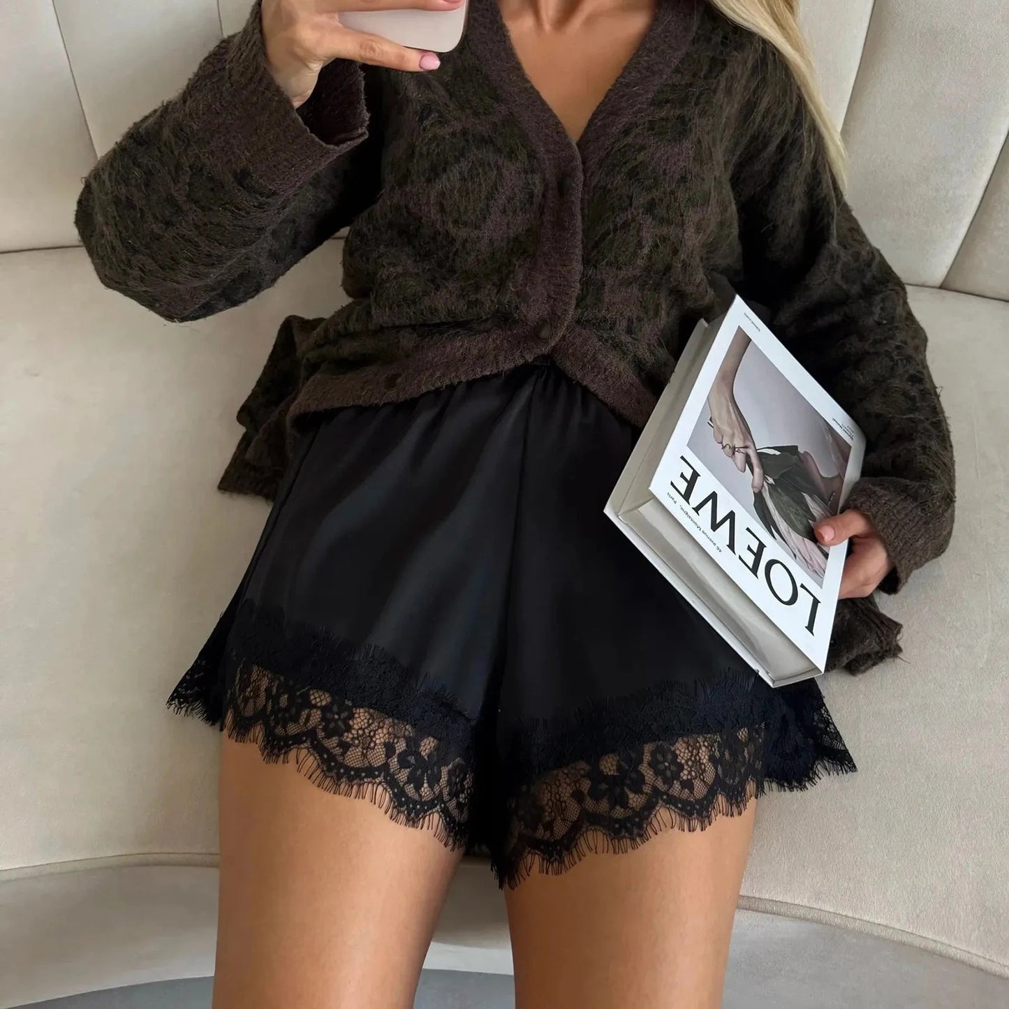 Women's Shorts – High-Waisted Lace Trim Shorts