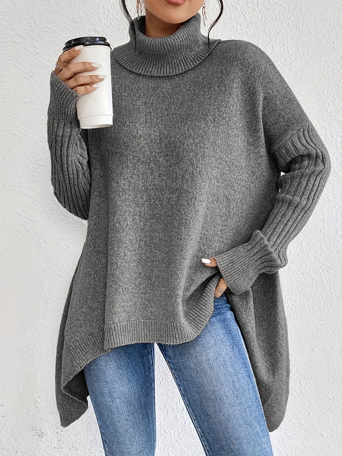Women's Sweater – Oversized Turtleneck Knit Pullover