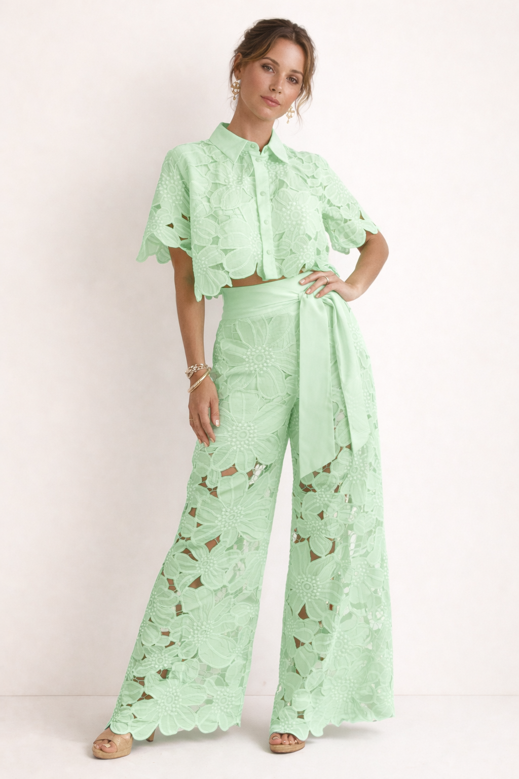 Women's Two-Piece Set – Lace Button-Up Top & Wide Leg Pants