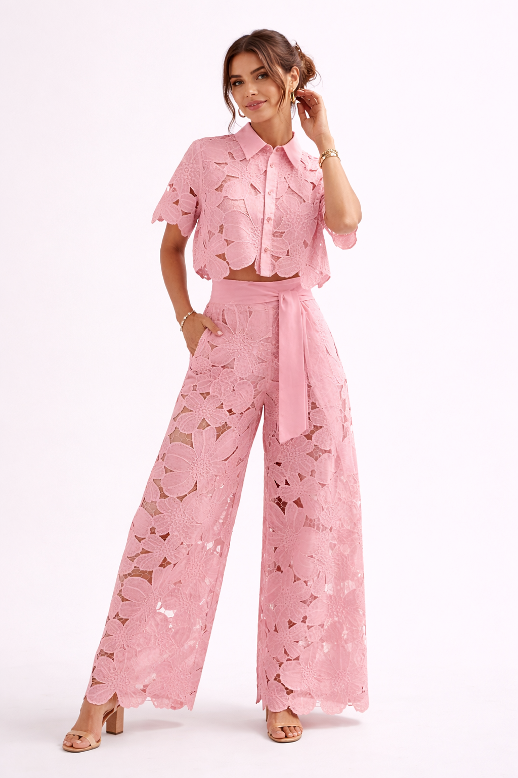 Women's Two-Piece Set – Lace Button-Up Top & Wide Leg Pants