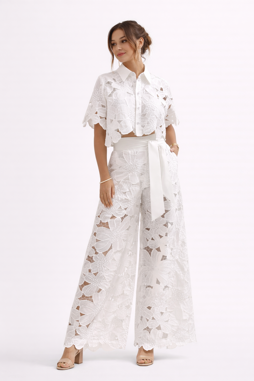 Women's Two-Piece Set – Lace Button-Up Top & Wide Leg Pants
