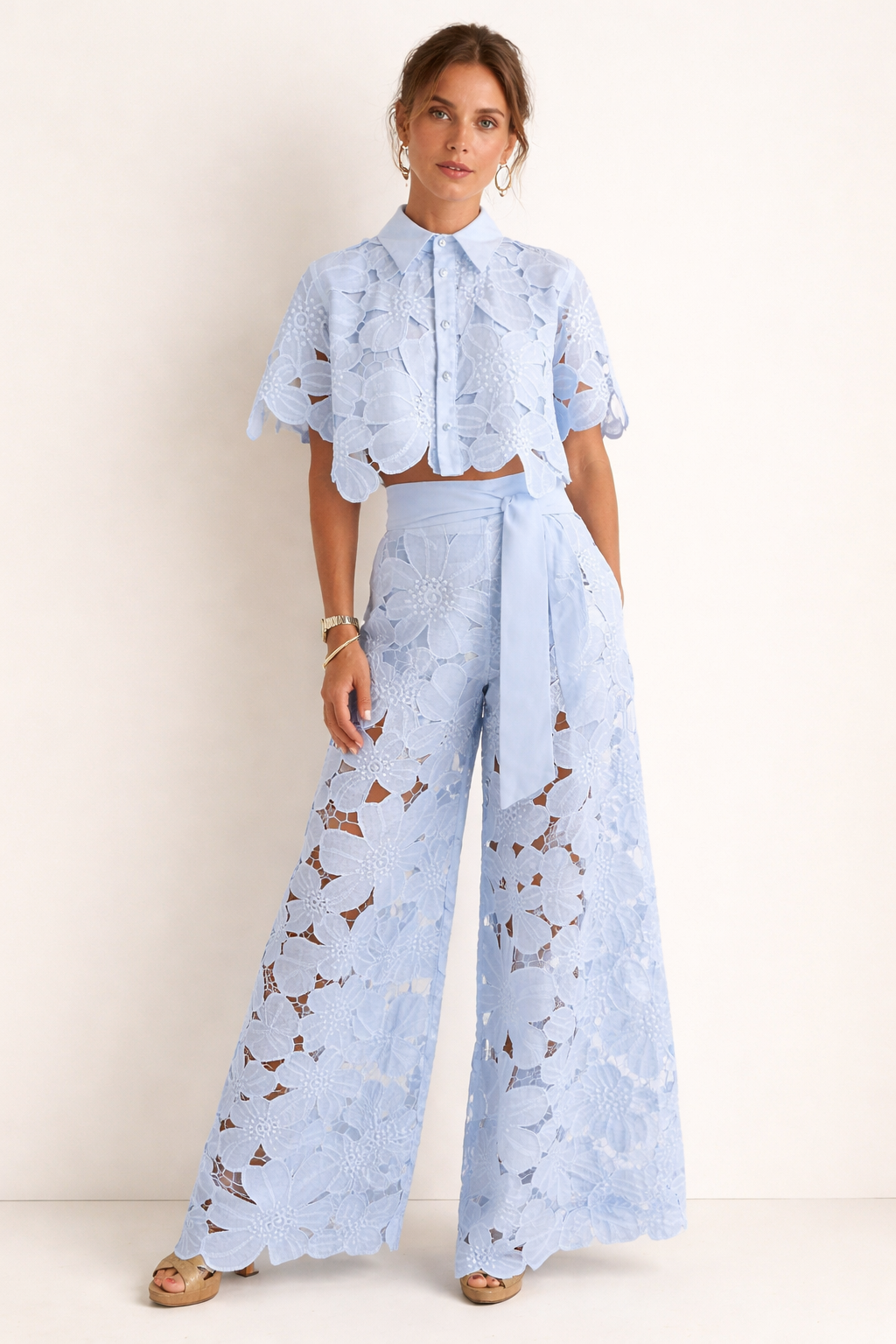 Women's Two-Piece Set – Lace Button-Up Top & Wide Leg Pants
