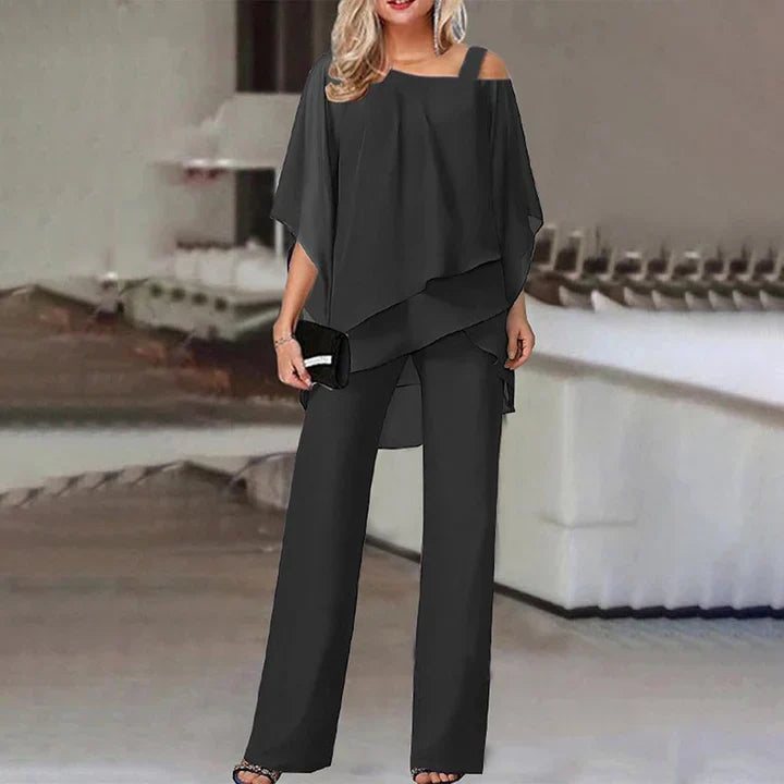 Women's Two Piece Set – Layered Chiffon Pants Ensemble