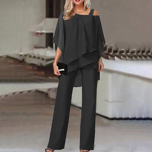 Women's Two Piece Set – Layered Chiffon Pants Ensemble