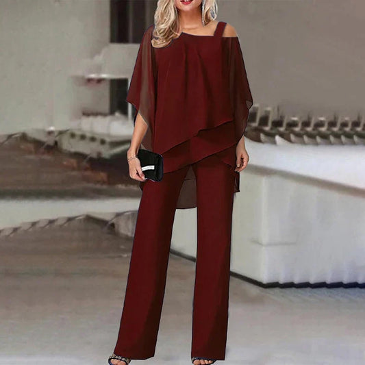 Women's Two Piece Set – Layered Chiffon Pants Ensemble