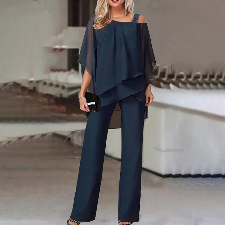 Women's Two Piece Set – Layered Chiffon Pants Ensemble