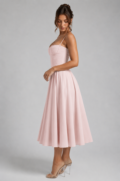 Women's Wedding Guest Dress – Corset Midi Dress with Full Skirt