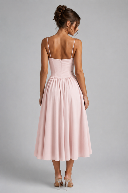 Women's Wedding Guest Dress – Corset Midi Dress with Full Skirt