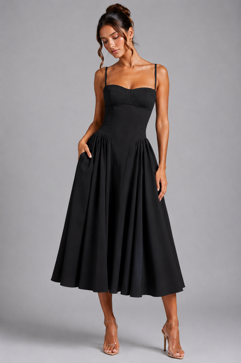 Women's Wedding Guest Dress – Corset Midi Dress with Full Skirt