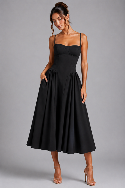 Women's Wedding Guest Dress – Corset Midi Dress with Full Skirt