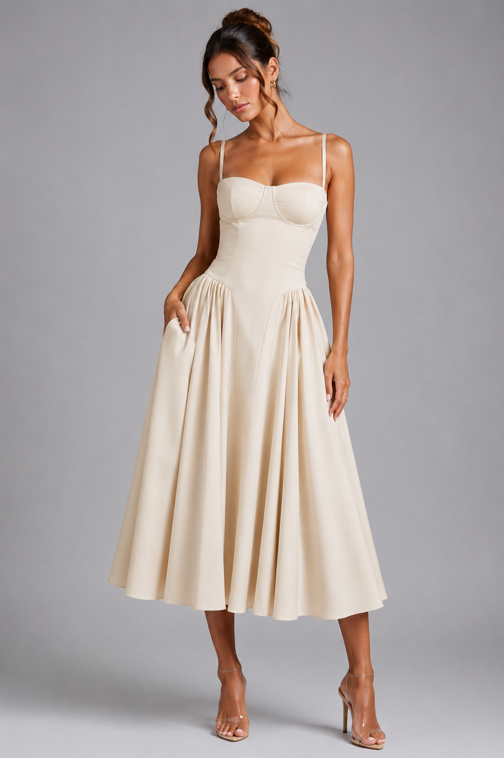 Women's Wedding Guest Dress – Corset Midi Dress with Full Skirt