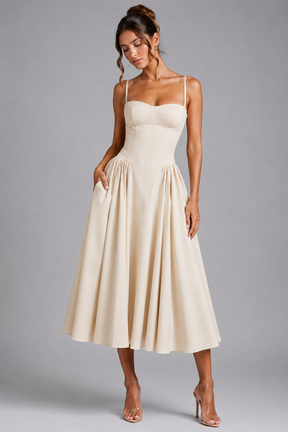 Women's Wedding Guest Dress – Corset Midi Dress with Full Skirt