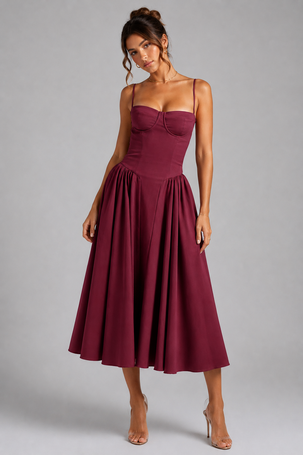 Women's Wedding Guest Dress – Corset Midi Dress with Full Skirt