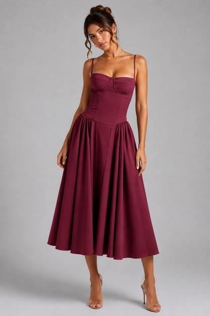 Women's Wedding Guest Dress – Corset Midi Dress with Full Skirt