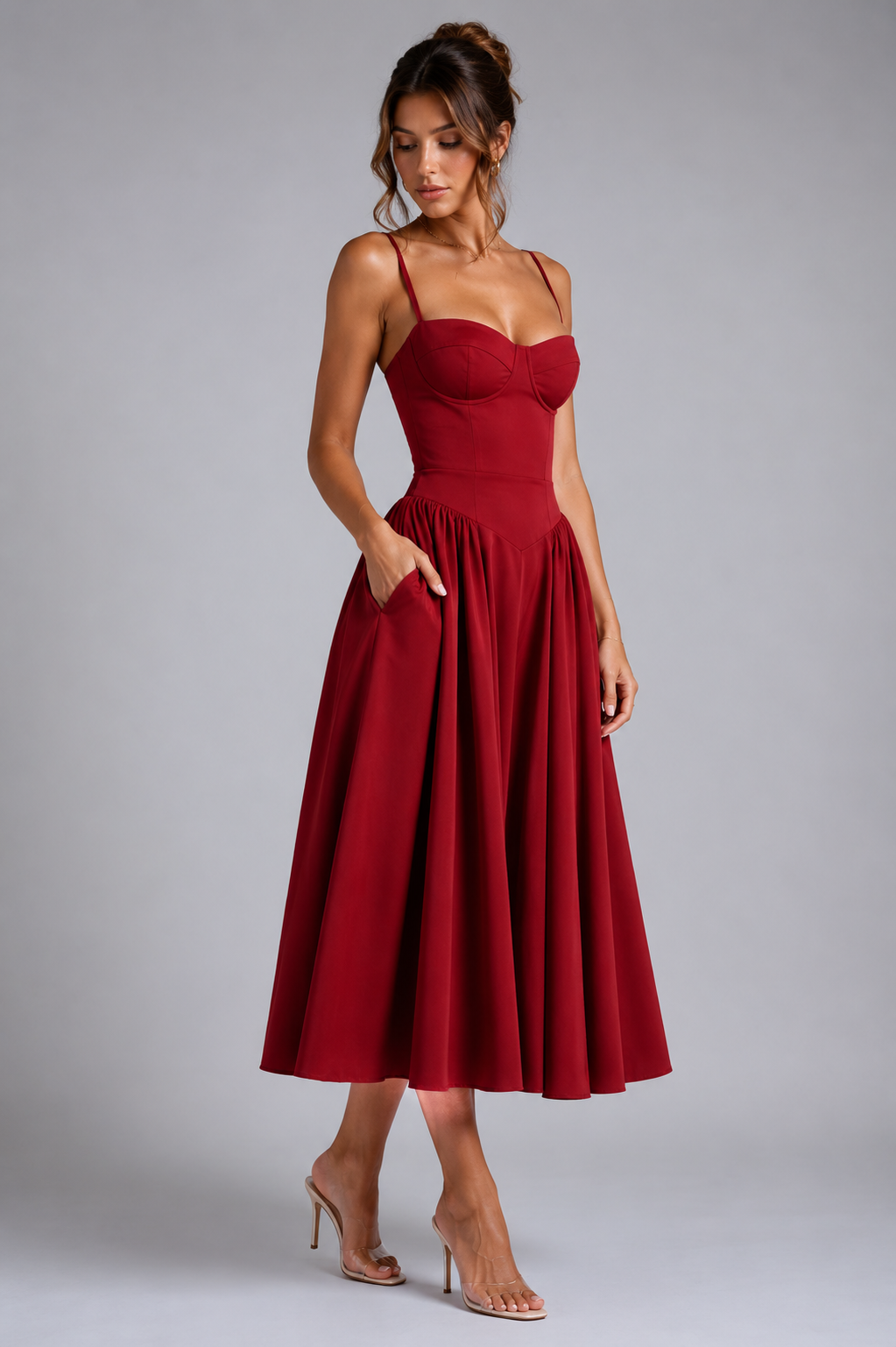 Women's Wedding Guest Dress – Corset Midi Dress with Full Skirt