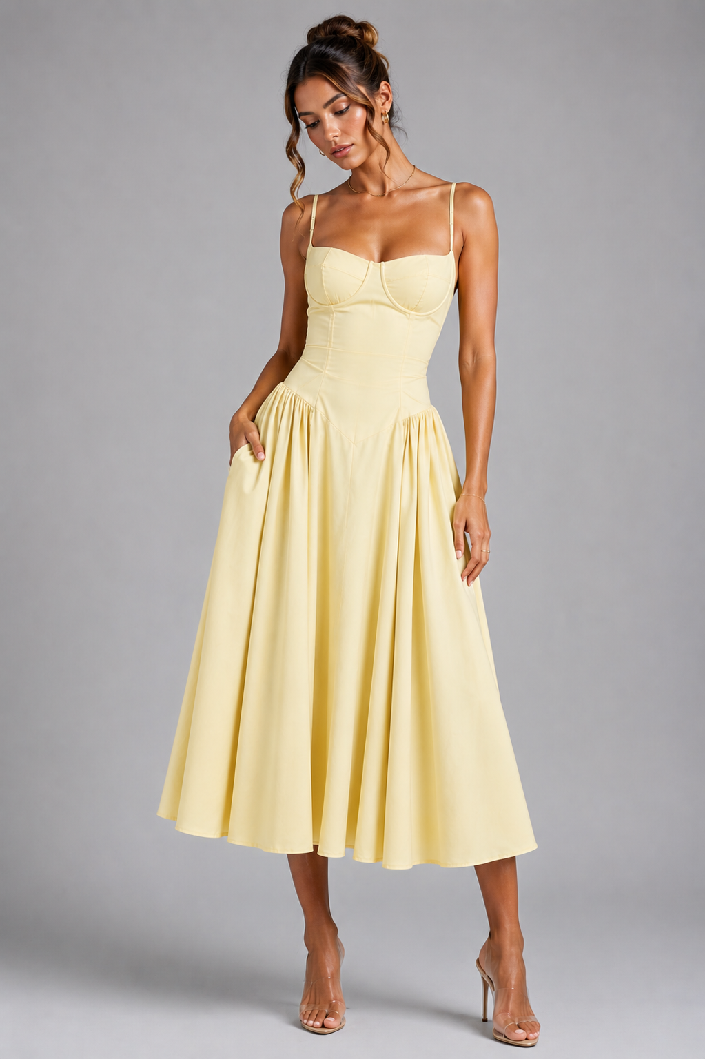 Women's Wedding Guest Dress – Corset Midi Dress with Full Skirt