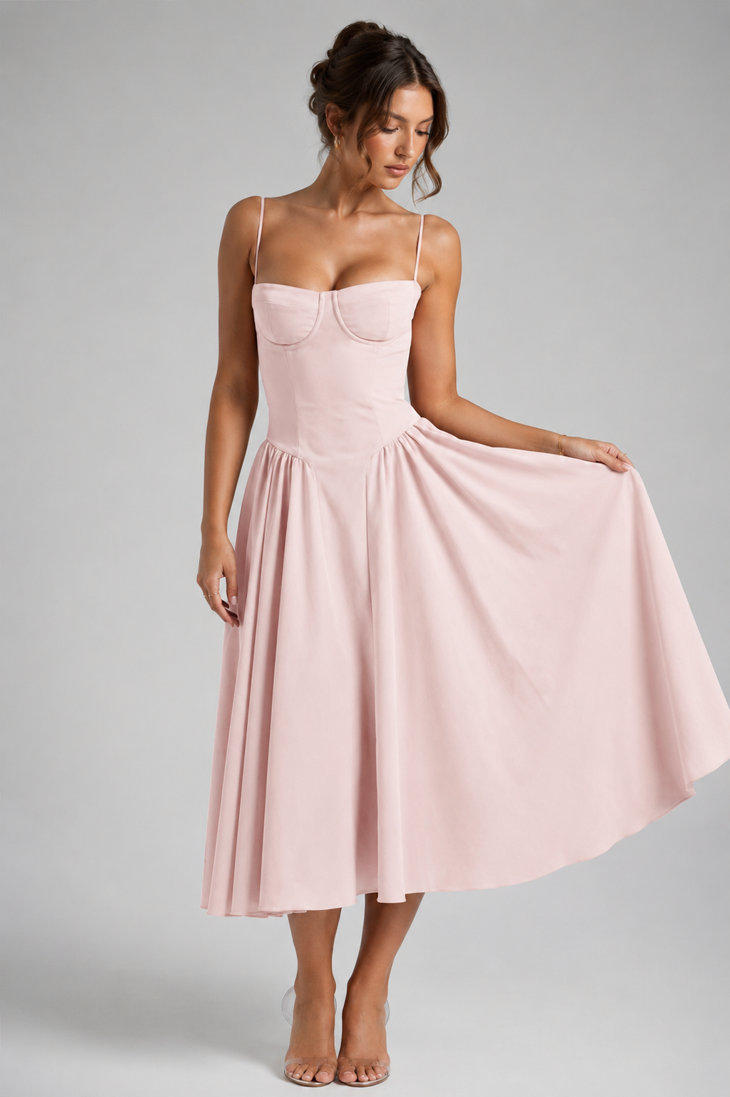 Women's Wedding Guest Dress – Corset Midi Dress with Full Skirt