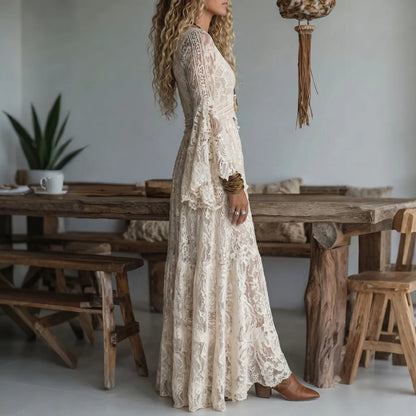 Women's Wedding Guest Dress – Lace Maxi with Bell Sleeves