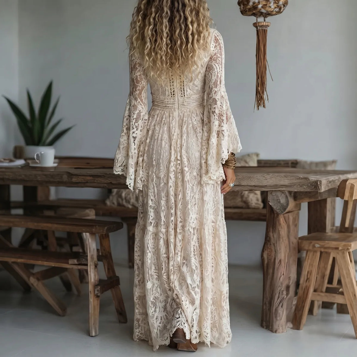 Women's Wedding Guest Dress – Lace Maxi with Bell Sleeves