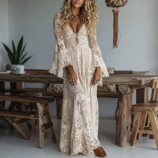 Women's Wedding Guest Dress – Lace Maxi with Bell Sleeves