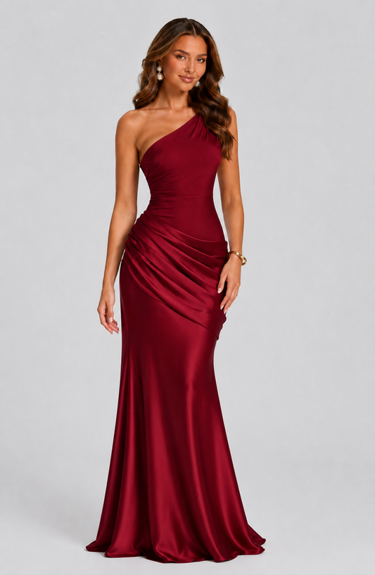 Women's Wedding Guest Dress – One-Shoulder Satin Maxi