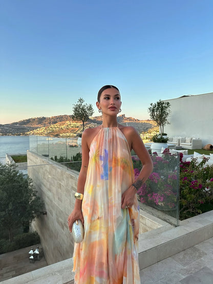 Women's Wedding Guest Dress – Printed Halter Maxi Dress
